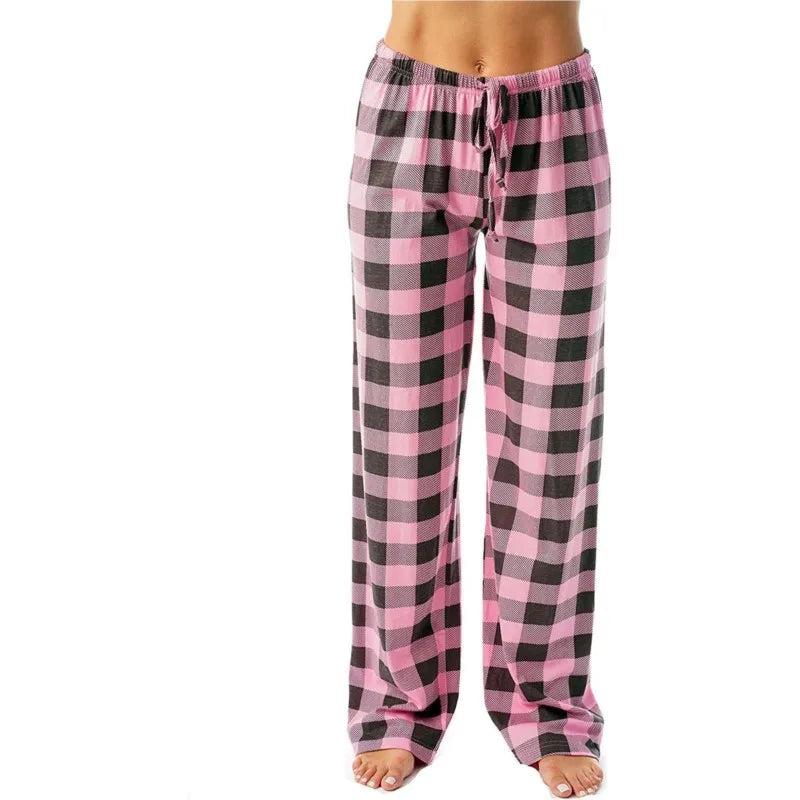 Women's Casual Pants Elastic Waistband And Plaid Drawstring Wide Leg Pants Ladies Red Black Plaid Print Woman Trousers