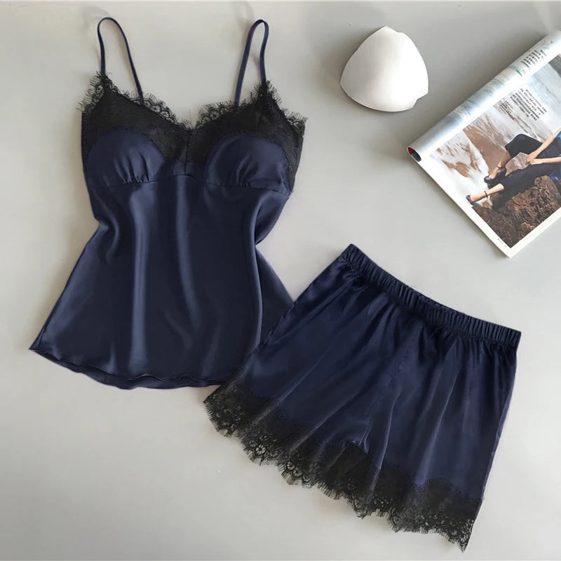 2Pcs Women's New Pajama Set Cute Fashion V-Neck Lace Sexy Lingerie Comfortable Home Light Luxury Sling Pajama Shorts Set