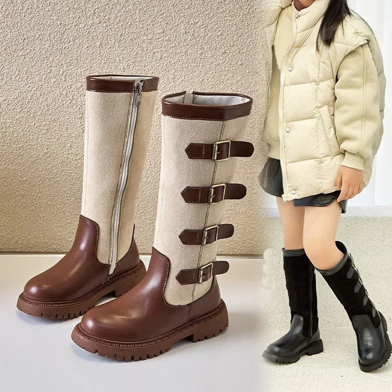 Children High Boots for Girls 2024 Autumn Winter New Fashion and Comfortable British Style Casual Versatile Trendy Leather Shoes