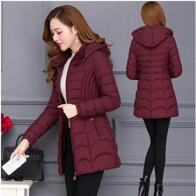 Winter Coat Women 2024 Fashion Middle Age Mother Slim Down Cotton Hooded Jacket Plus Size Casual Solid Warm Thick Outwear Parka