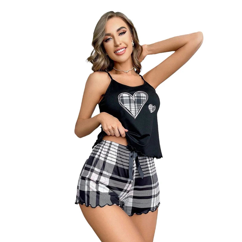 Women's new pajama suspender solid color top plaid shorts two-piece set of home wear