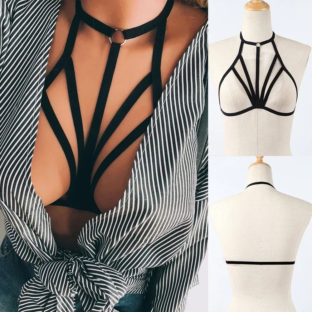 Women Goth Sexy Elastic Harness Bandage Bustier Hollow Cage Bra Tops Bralette Lingerie Tanks Lady See Through Exotic Apparel