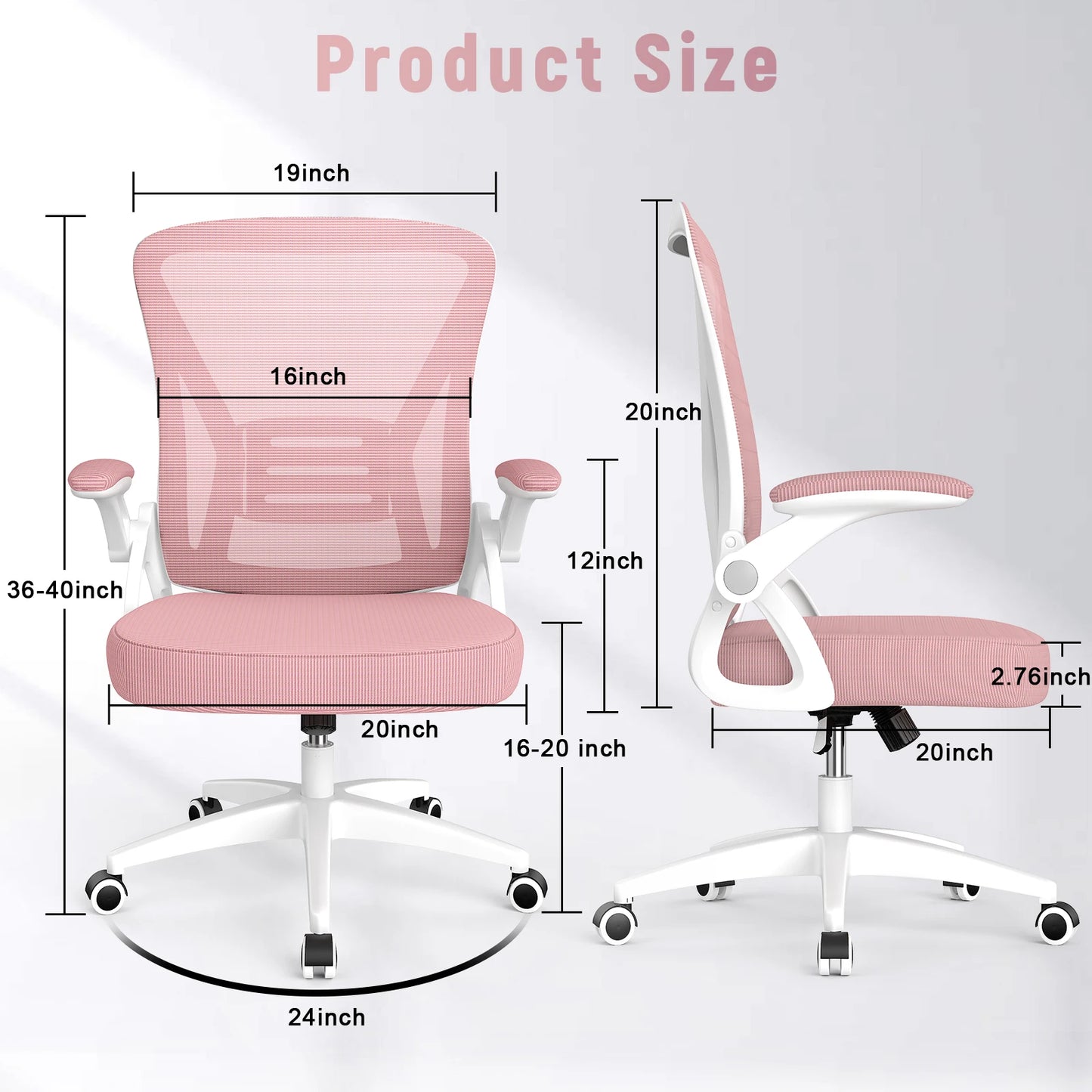 Pink Ergonomic Office Chair with Slide Seat Mesh Seat Adjustable Lumbar Support Angle and Height Adjustable Home Gaming Chair