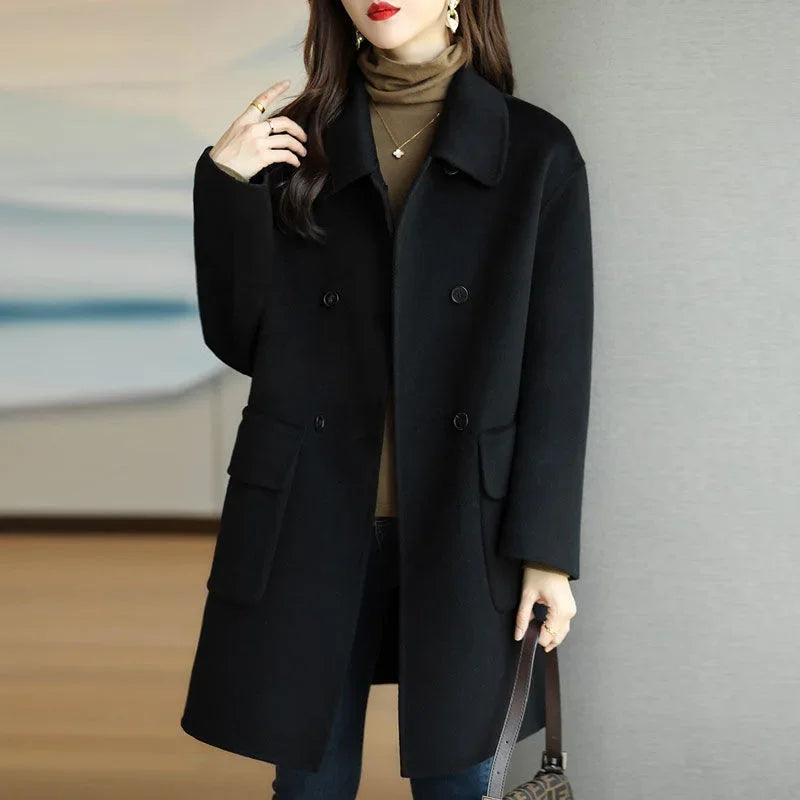 Women's Autumn/Winter New Style Coffee Color Thickened Woolen Jacket Slimming Medium-Length Overcoat Korean Version For A Slimme