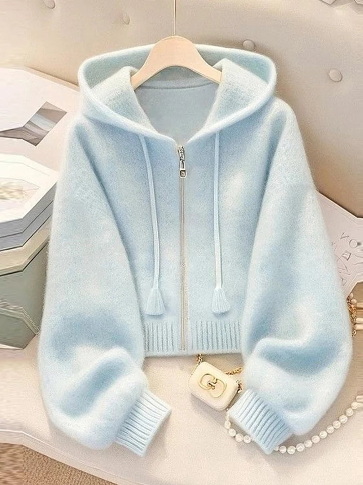 Zoki Fashion Soft Blue Cardigan Sweaters Women Long Sleeve Elegant Knitted Jacket Sweet Design Female Casual Hooded Outwear Tops