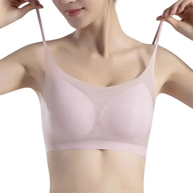 Ultra Thin Ice Silk Seamless Underwear Women Plus Size Sexy Top Soft Breathable Wireless Solid Lingerie Gathered Padded Bra