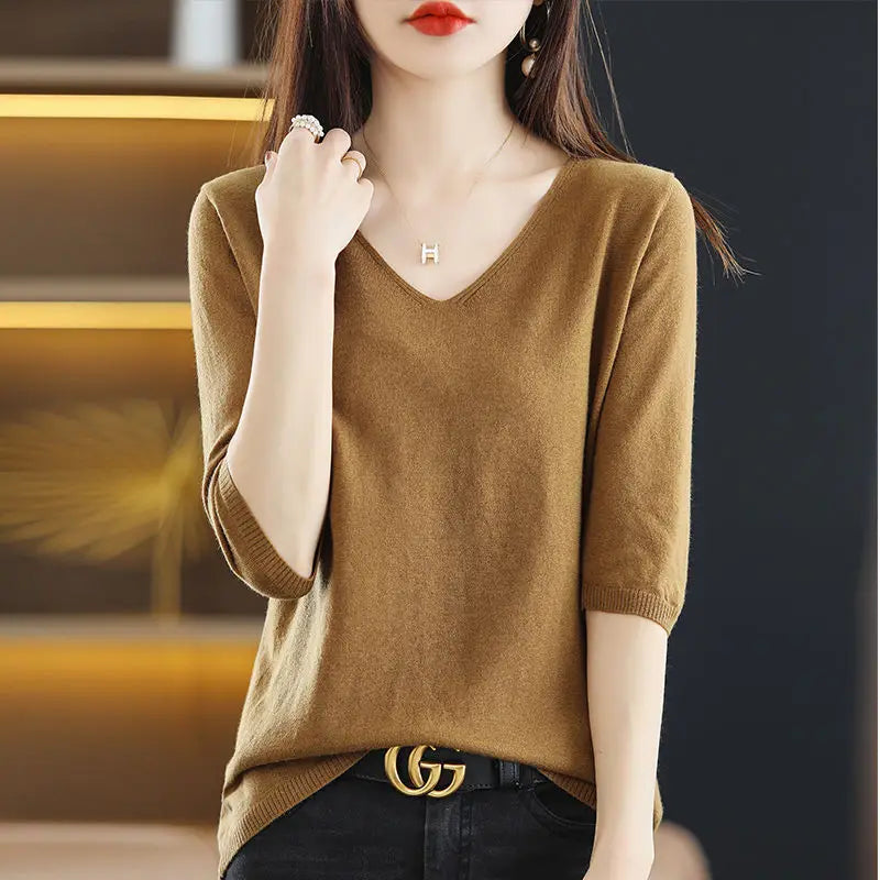 Spring Autumn V-neck Pullover Sweater Women's Mid-sleeve Undershirt Loose Five-sleeve Knitted Short-sleeved Women's Inner Top