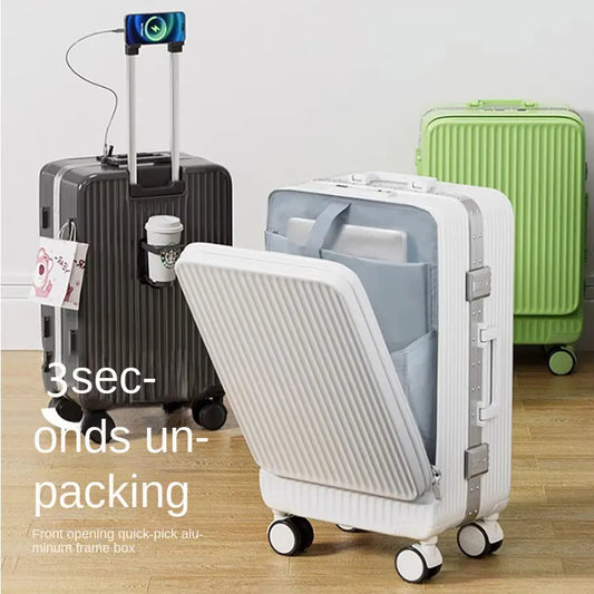 Suitcase Front Opening Laptop Bag Luggage USB Cup Holder Travel Bags Cabin Carry-on Suitcases 18/20/26/28" Password Trolley Case