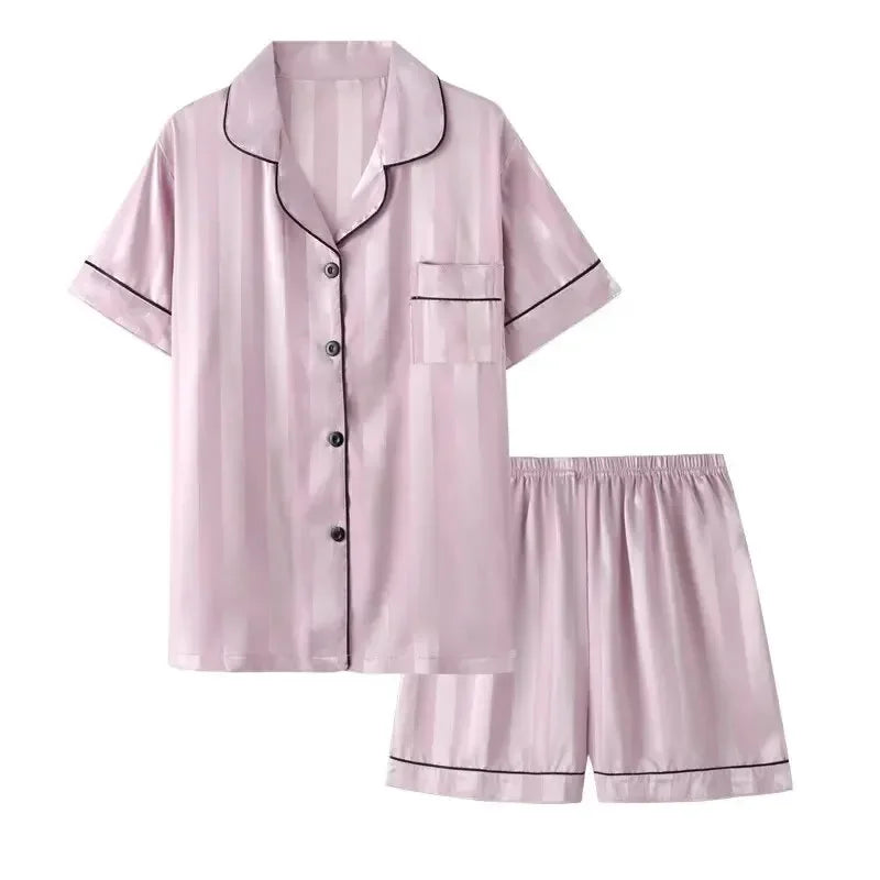 1 Set Women's Elegant Lounge Set, Plus Size Satin Striped Button Up Long Sleeve Shirt & Pants Pajamas