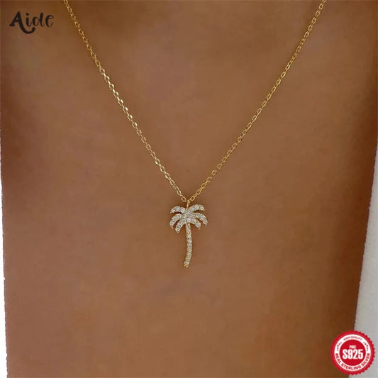 Aide 925 Sterling Silver Coconut Tree Inlaid Zircon Pendant Necklace For Women High Quality K Gold Chain Jewelry Gift Pendientes