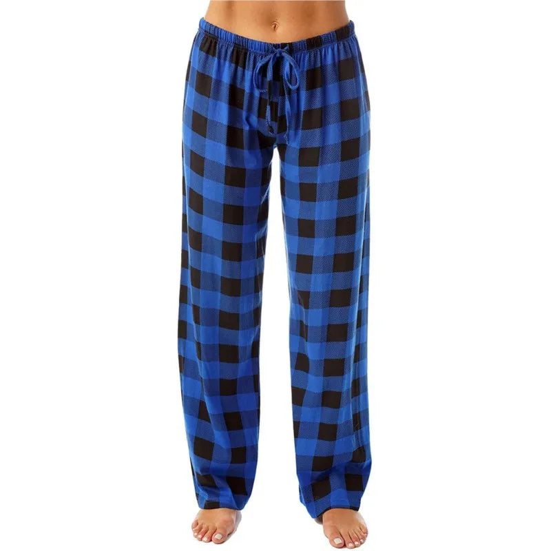 Women's Casual Pants Elastic Waistband And Plaid Drawstring Wide Leg Pants Ladies Red Black Plaid Print Woman Trousers