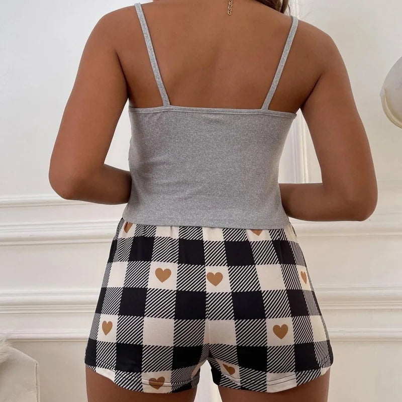 Summer Women's Sexy Camisole Pajama Set Women's Printed Letter Top Paired with Checkered Printed Shorts Home Pajama Set