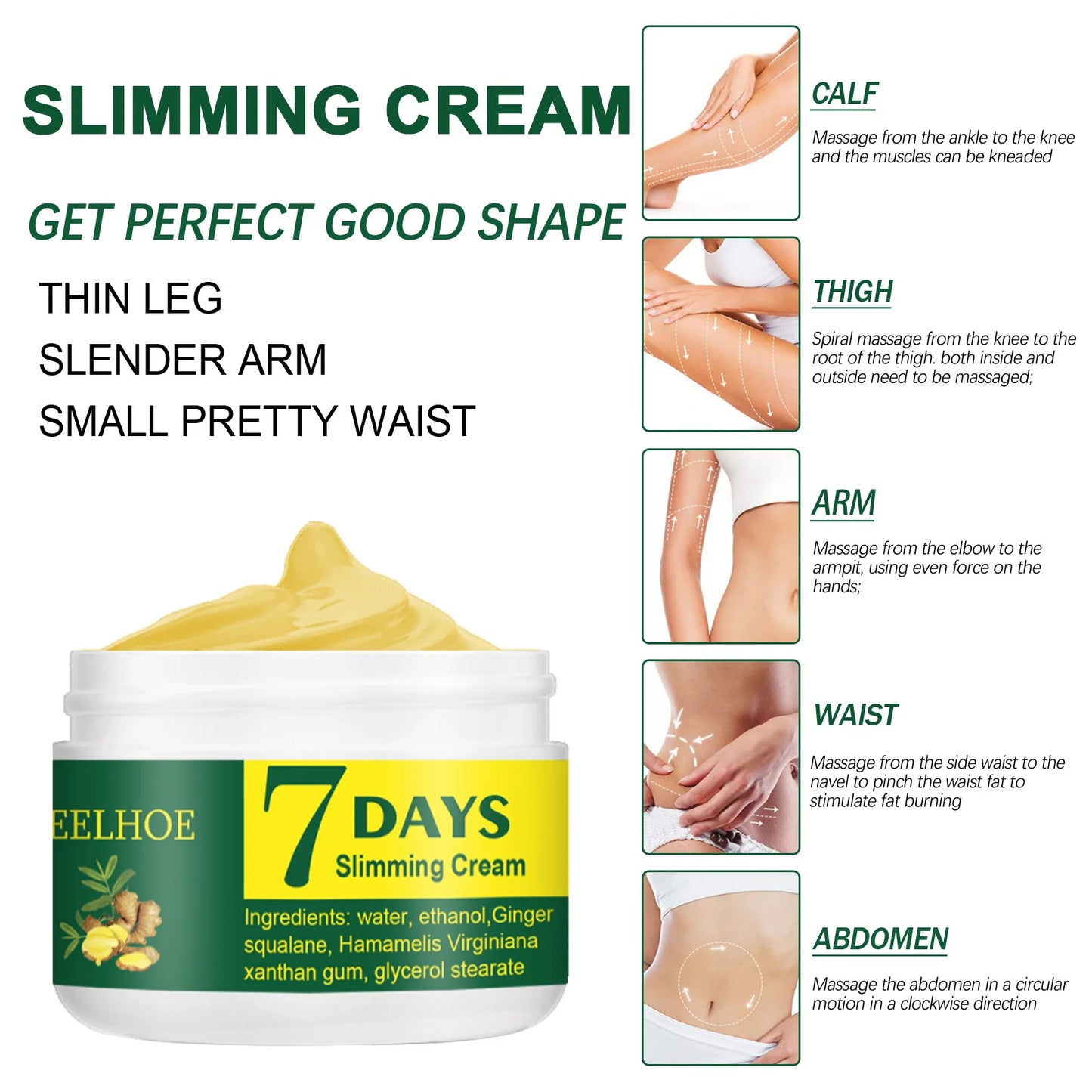 EELHOE 7 Day Ginger Slimming Cream Firming Body Thigh Belly Skin Anti Cellulite Strengthening Nourishing Slimming Massage Cream