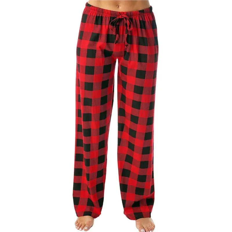 Women's Casual Pants Elastic Waistband And Plaid Drawstring Wide Leg Pants Ladies Red Black Plaid Print Woman Trousers