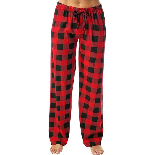 Women's Casual Pants Elastic Waistband And Plaid Drawstring Wide Leg Pants Ladies Red Black Plaid Print Woman Trousers