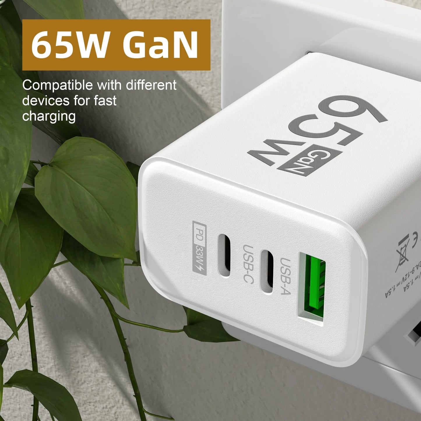 Total 65W GaN USB Charger 3 Ports Fast Charging Type C Adapter Mobile Phone Quick Charger for Iphone 15 14 Xiaomi Huawei Samsung