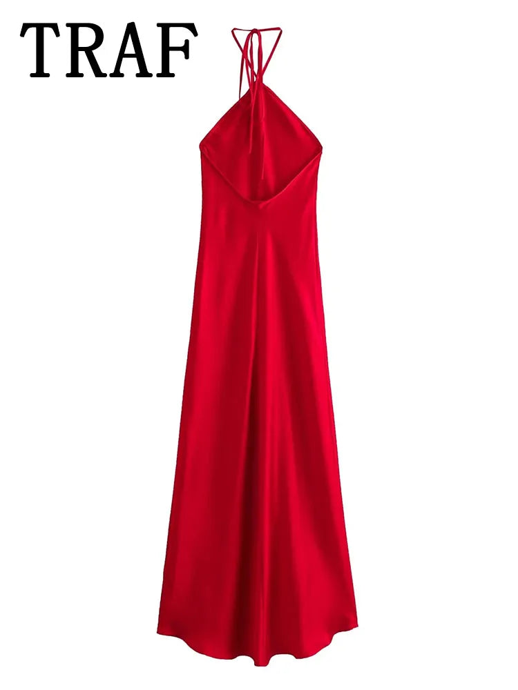 TRAF 2024 Halter Long Dresses for Women Backless Satin Dress Woman Off Shoulder Sexy Midi Dresses Elegant Evening Party Dress