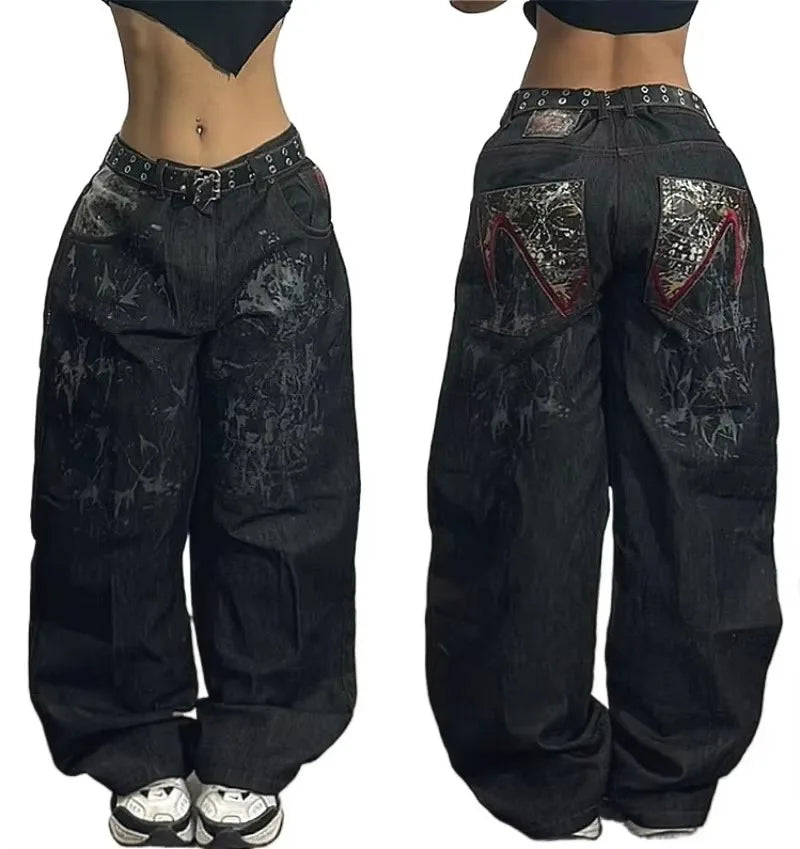 2024 New American Trend Retro Hip-hop Embroidery Pattern Baggy Jeans For Men And Women Y2K Harajuku Gothic Wide Pants Streetwear