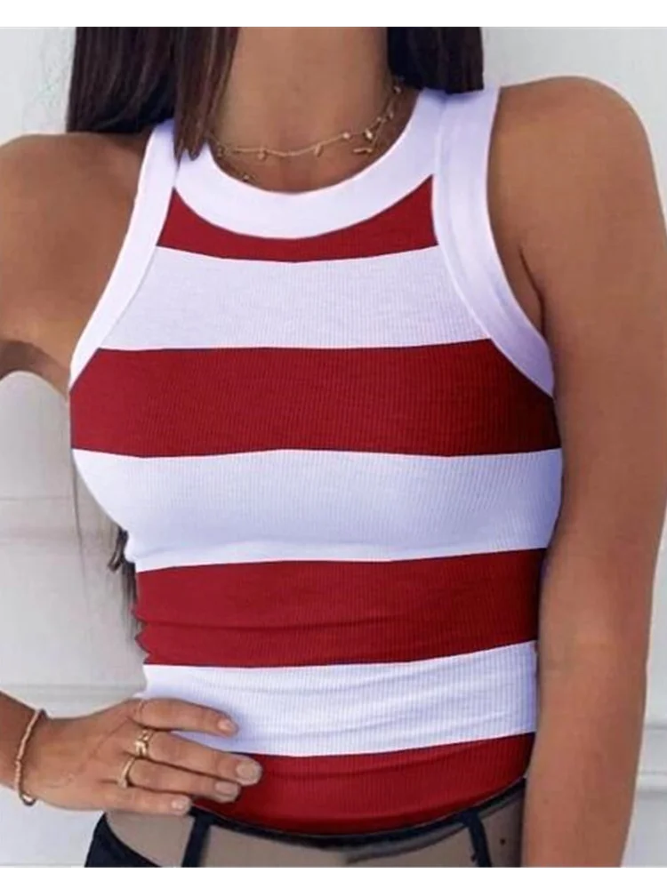 Summer Basic Elastic Tank Top Digital Printing T-shirt Women's O Neck Racerback Sexy Tank Top Stripe Print Sleeveless Tank Top