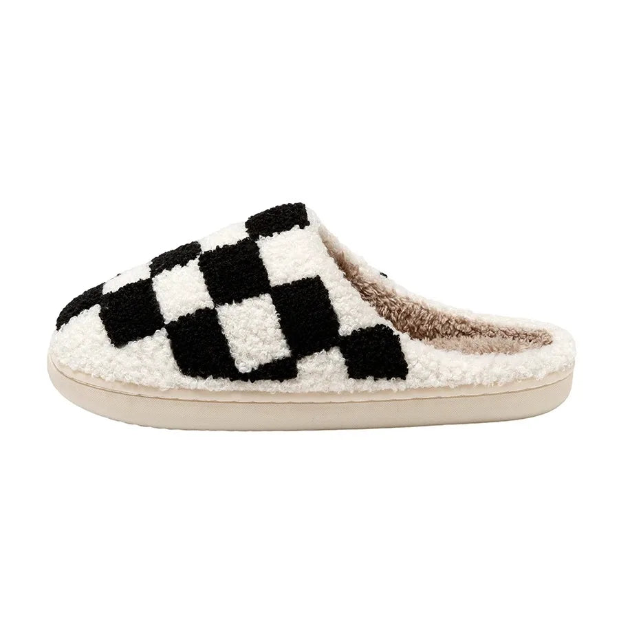 Winter Fuzzy Slippers Fashion Checker Indoor Embroidery Houseshoes Cozy Woman Winter Fluffy House Retro Checkered Print Shoes