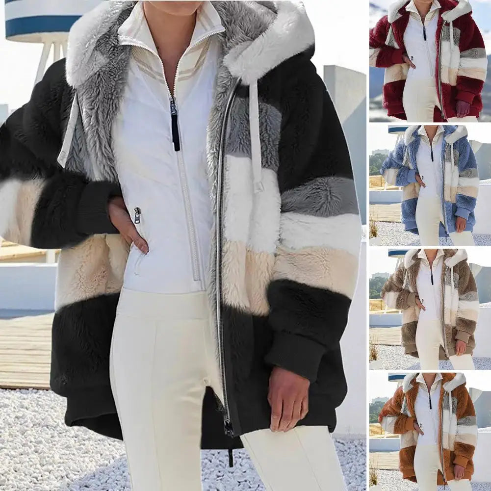 Trendy Lady Autumn Jacket Fluffy Winter Coat Loose Plush Plus Size Lady Jacket  Hooded