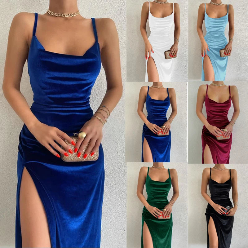 Velvet Swing Collar Sleeveless Slip Sexy Slit Maxi Dress 2024 New Fashion Evening Party Women Elegant Streetwear Y2K