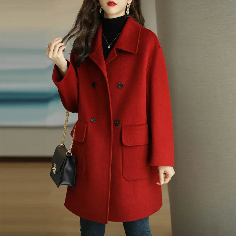 Women's Autumn/Winter New Style Coffee Color Thickened Woolen Jacket Slimming Medium-Length Overcoat Korean Version For A Slimme