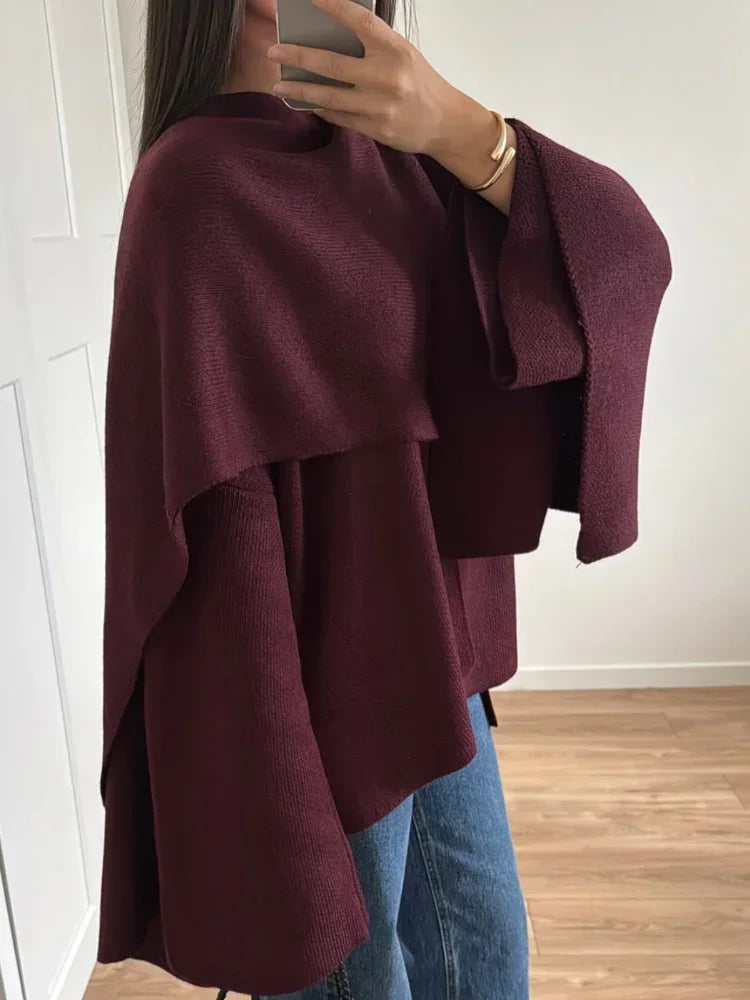 Women Elegant Burgundy Scarf Collar Knitted Pullover Fashion Solid Long Sleeves Loose Sweater Autumn Chic Female Warm Outwears