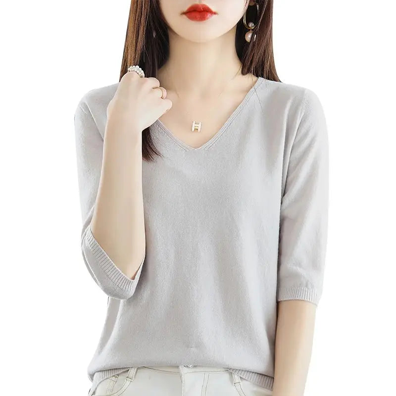 Spring Autumn V-neck Pullover Sweater Women's Mid-sleeve Undershirt Loose Five-sleeve Knitted Short-sleeved Women's Inner Top