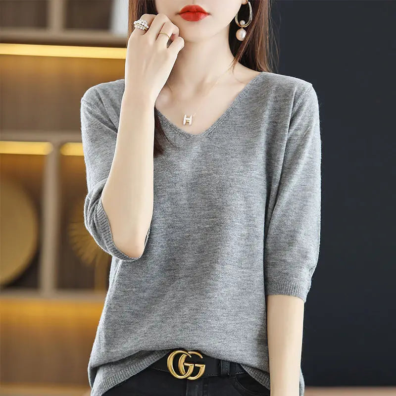 Spring Autumn V-neck Pullover Sweater Women's Mid-sleeve Undershirt Loose Five-sleeve Knitted Short-sleeved Women's Inner Top