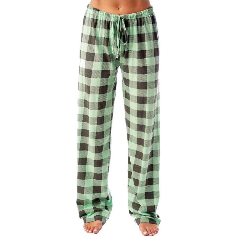 Women's Casual Pants Elastic Waistband And Plaid Drawstring Wide Leg Pants Ladies Red Black Plaid Print Woman Trousers