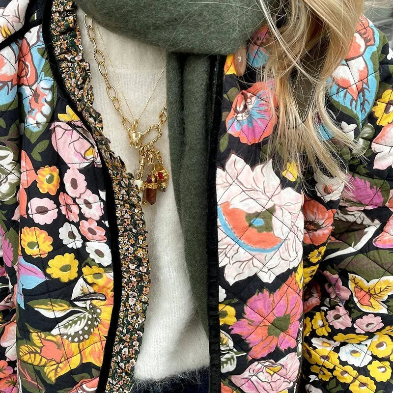 Vintage Floral Flower Printed Cotton Coat Women Fleece Thick Warm Long Sleeve Quilted Jacket Autumn Winter Women's Clothing