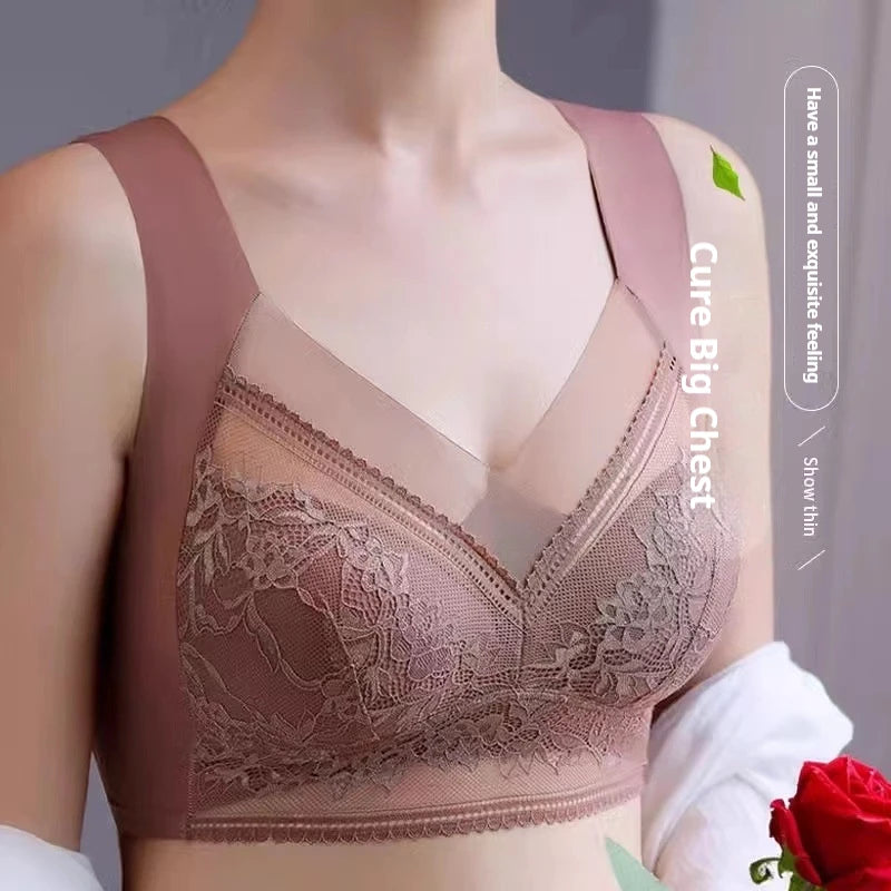 Womens Lace Bra Perspective Bralette Push Up Ice Silk Deep V Bra Sexy Lingerie Tops Plus Size Cup Mom's underwear L-5XL