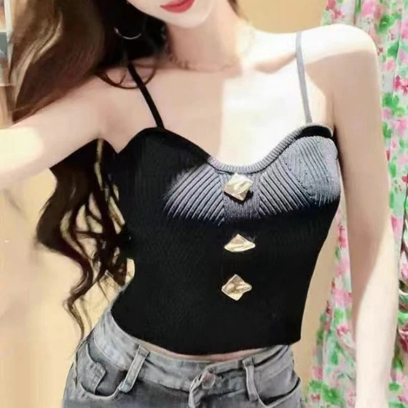 Women Sexy Tank Tops Knitted Camisole Female Suspender Slim Bottom Bandeau Top  High Stretch V Neck Sleeveless Crop Top