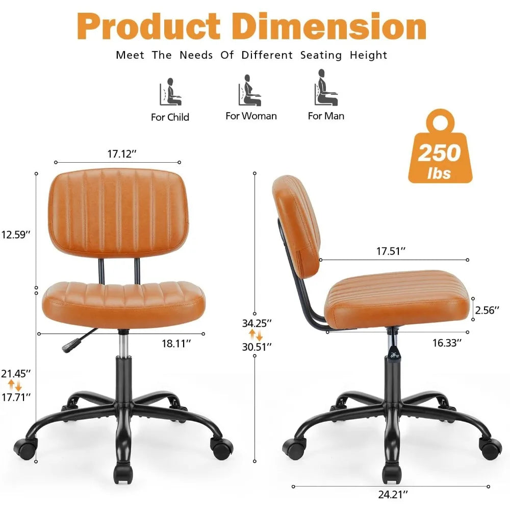 Small Office Desk Chair with Wheels Armless Comfy Computer Chair with Lumbar Support, PU Leather Low Back Adjustable