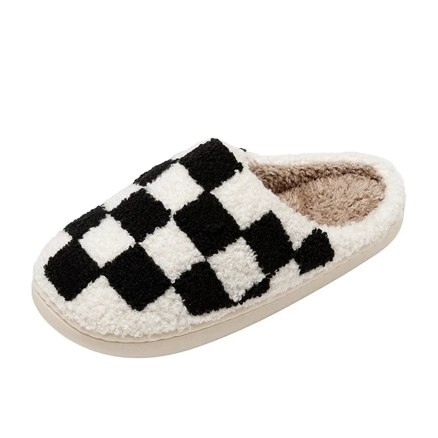 Winter Fuzzy Slippers Fashion Checker Indoor Embroidery Houseshoes Cozy Woman Winter Fluffy House Retro Checkered Print Shoes