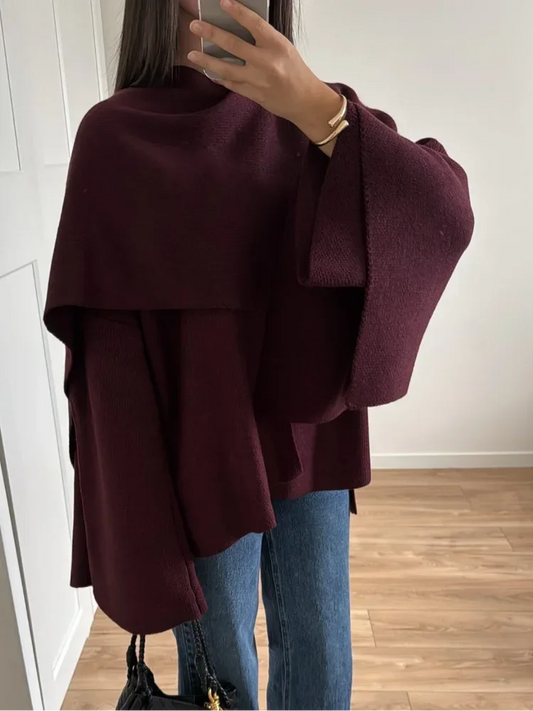 Women Elegant Burgundy Scarf Collar Knitted Pullover Fashion Solid Long Sleeves Loose Sweater Autumn Chic Female Warm Outwears