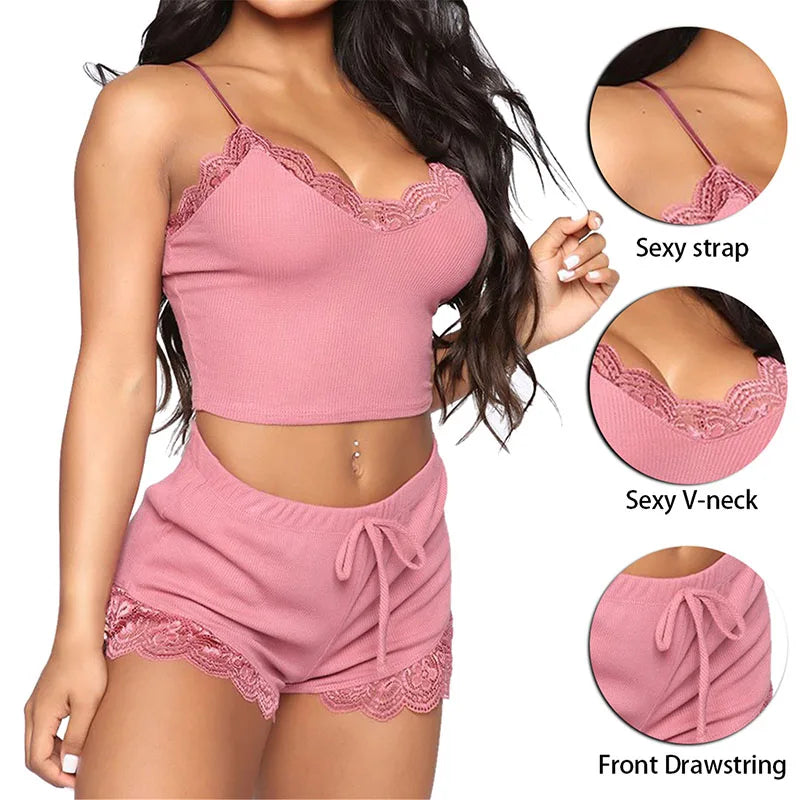 Women Pajama Sets Sexy Lace Sleeveless Soft Pajamas Comfortable V-Neck Sleepwears  Female Nightgown Night Wear Satin Nightdress