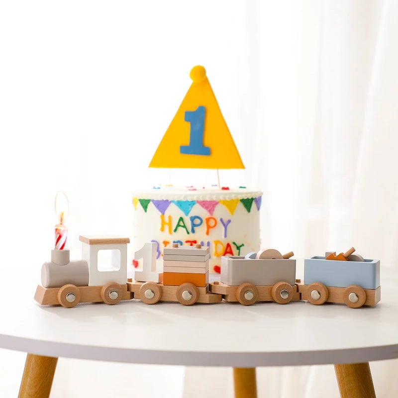 Wooden Birthday Train Toy Baby Early Education Puzzle Track Car Montessori Toy For Babies Digital Learning Toy Kid Birthday Gift