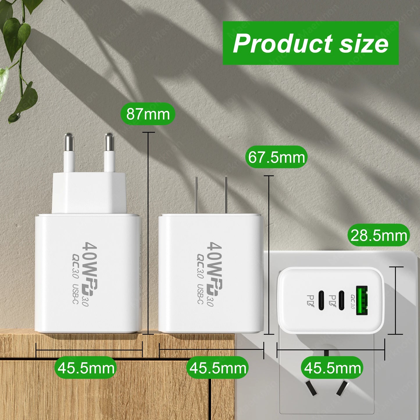 Total 60W USB PD Fast Charger 3 Ports EU/US Plug Wall Charger Adapter For iPhone 15 14 Xiaomi Samsung Huawei USB C Phone Charger