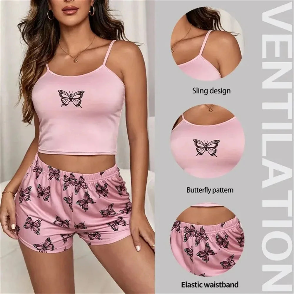 Two Piece Women's Suspender Printed Butterfly Round Neck Camouflage Top Paired with Shorts Women's Casual Pajama Set