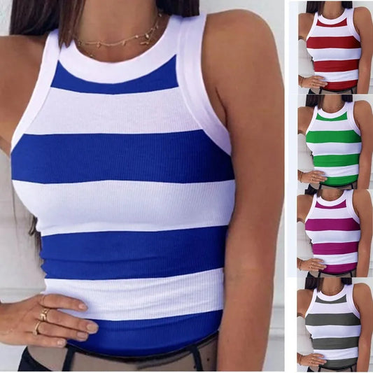 Summer Basic Elastic Tank Top Digital Printing T-shirt Women's O Neck Racerback Sexy Tank Top Stripe Print Sleeveless Tank Top