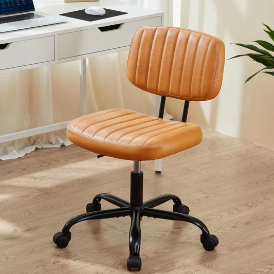 Small Office Desk Chair with Wheels Armless Comfy Computer Chair with Lumbar Support, PU Leather Low Back Adjustable