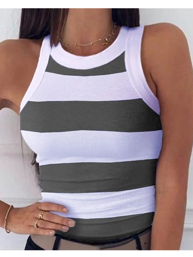 Summer Basic Elastic Tank Top Digital Printing T-shirt Women's O Neck Racerback Sexy Tank Top Stripe Print Sleeveless Tank Top