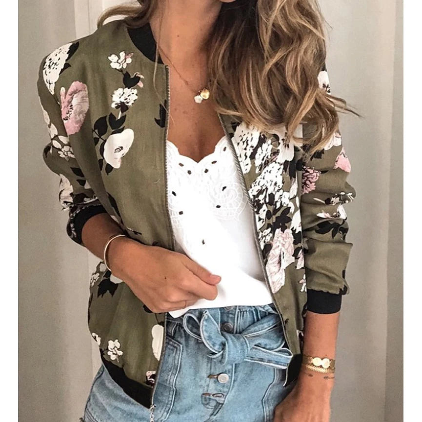 Women Elegant Zipper Bomber Jacket Spring Autumn Floral Printed Jackets Office Wear Slim Office Coat Retro Outwear