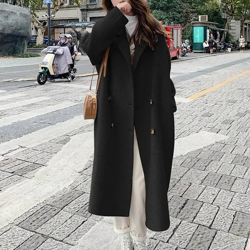 Women Double-Breasted Wool Cashmere Coat Fashion Long Turn-down Collar Belt Woolen Coats Lady Loose Tweed Jacket Autumn Winter