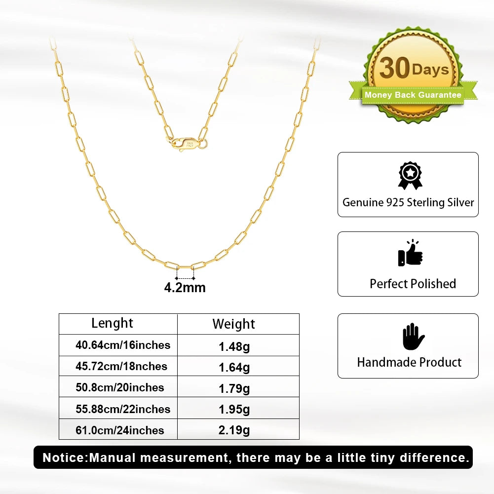 KISS MANDY 14K Gold Plated Real 925 Sterling Silver Paperclip Chain Link Necklace for Women1.8mm Width Necklace Jewelry SC39