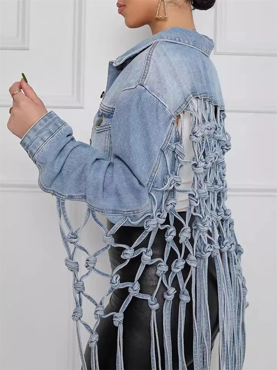 Women s Autumn Oversized Denim Coat with Pockets Lapel Long Sleeve Button-Up Plaid Fringe Fashion Jean Jacket