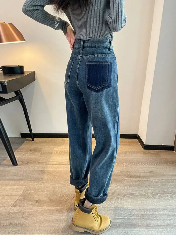 Warm Velvet Womens Wide Leg Jeans Korean Fashion Thick Plush Straight Denim Pants Fall Winter Casual High WaistVaqueros