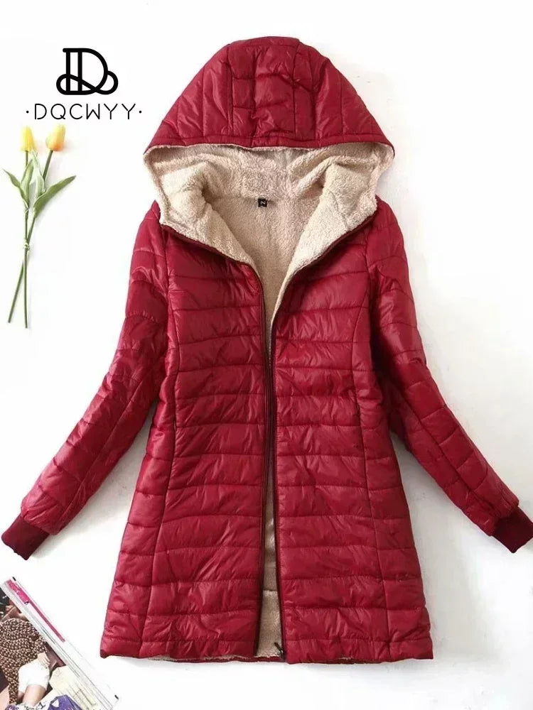 Women's Jacket Winter New Mid Length Korean Edition Hooded Fit Plus Fleece Cotton Coat Warm Lamb Fleece Parkas Winter Jackets